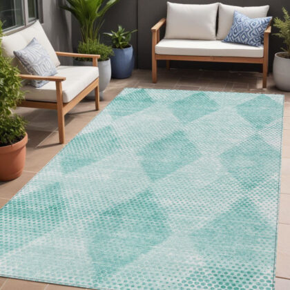 5' X 8' Teal Geometric Washable Non Skid Indoor Outdoor Area Rug
