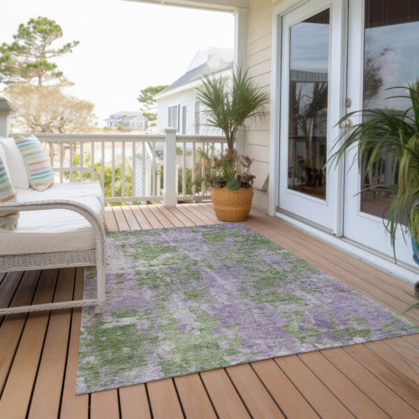 10' X 14' Green and Purple Abstract Washable Non Skid Indoor Outdoor Area Rug