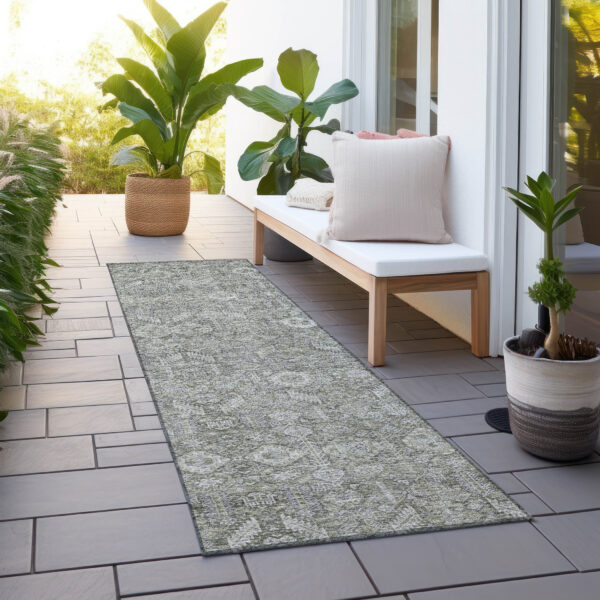 8' Runner Cream and Tan Floral Washable Non Skid Indoor Outdoor Runner Rug