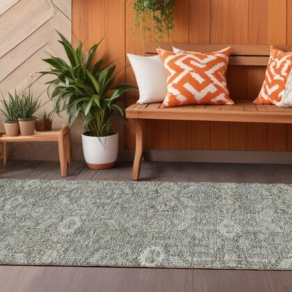 8' Runner Cream and Tan Floral Washable Non Skid Indoor Outdoor Runner Rug