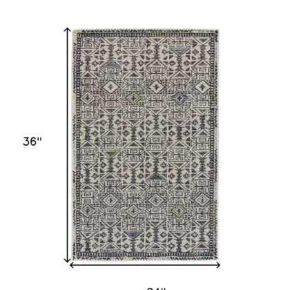 2' X 3' Gray Ivory And Black Wool Geometric Tufted Handmade Area Rug