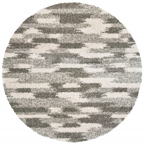 8’ Round Gray And Ivory Geometric Pattern Area Rug