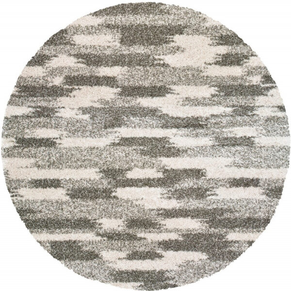 8’ Round Gray And Ivory Geometric Pattern Area Rug