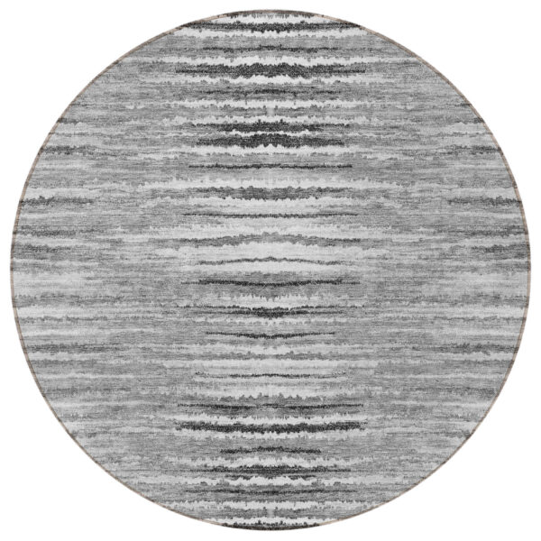 8' Silver Gray And Charcoal Round Striped Washable Indoor Outdoor Area Rug