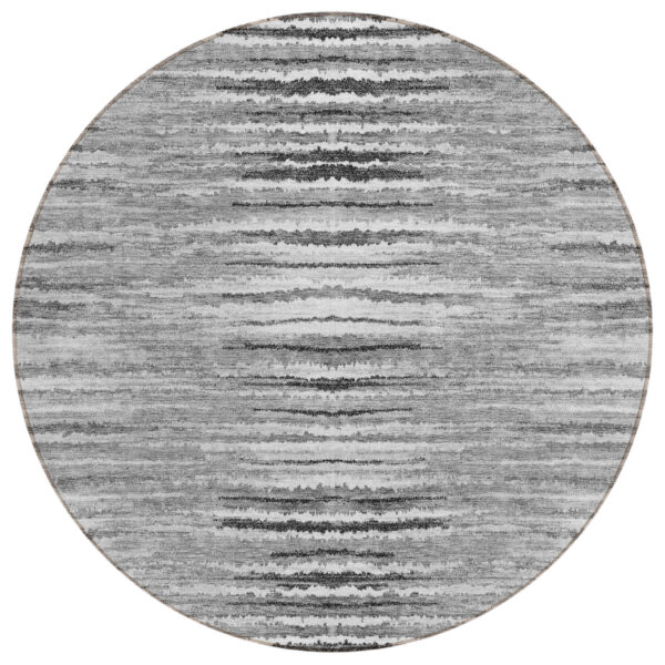 8' Silver Gray And Charcoal Round Striped Washable Indoor Outdoor Area Rug