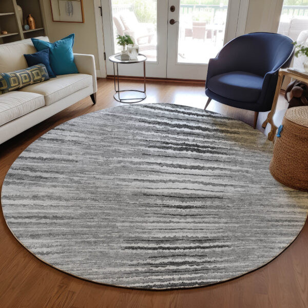 8' Silver Gray And Charcoal Round Striped Washable Indoor Outdoor Area Rug