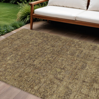 10' X 14' Brown And Taupe Floral Washable Indoor Outdoor Area Rug