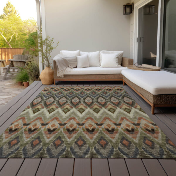 10' X 14' Taupe Olive Green And Beige Southwestern Washable Indoor Outdoor Area Rug