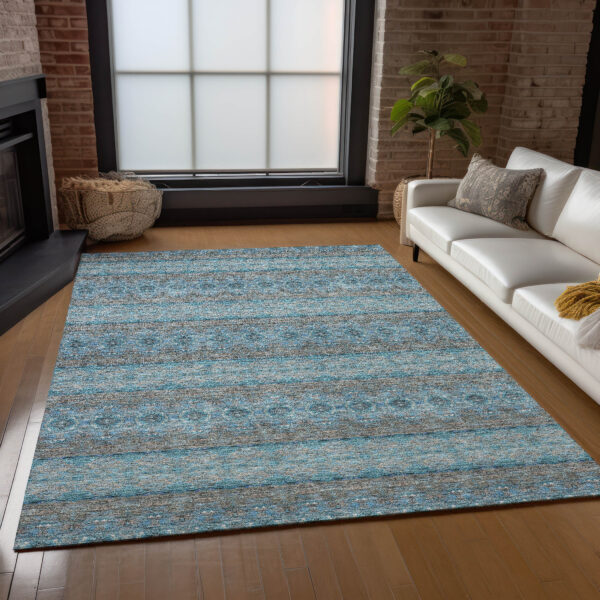 9' X 12' Teal Blue Aqua And Gray Floral Medallion Washable Indoor Outdoor Area Rug