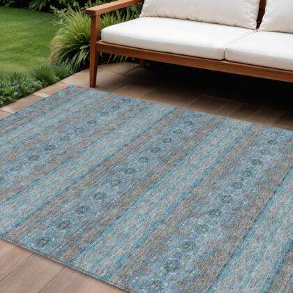 9' X 12' Teal Blue Aqua And Gray Floral Medallion Washable Indoor Outdoor Area Rug