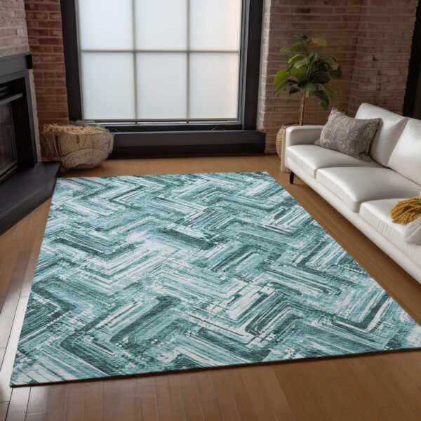 3' X 5' Teal Blue Aqua And Ivory Geometric Washable Indoor Outdoor Area Rug