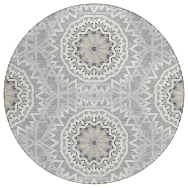 8' Gray Silver And Ivory Round Floral Medallion Washable Indoor Outdoor Area Rug