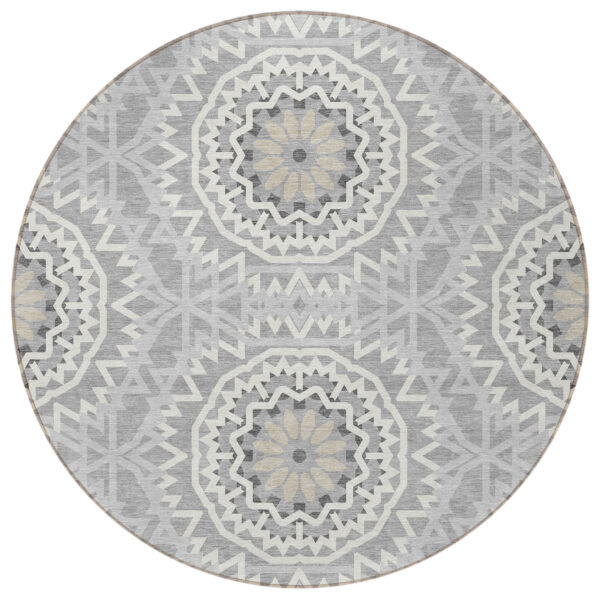 8' Gray Silver And Ivory Round Floral Medallion Washable Indoor Outdoor Area Rug