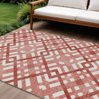 8' X 10' Red And Ivory Geometric Washable Indoor Outdoor Area Rug