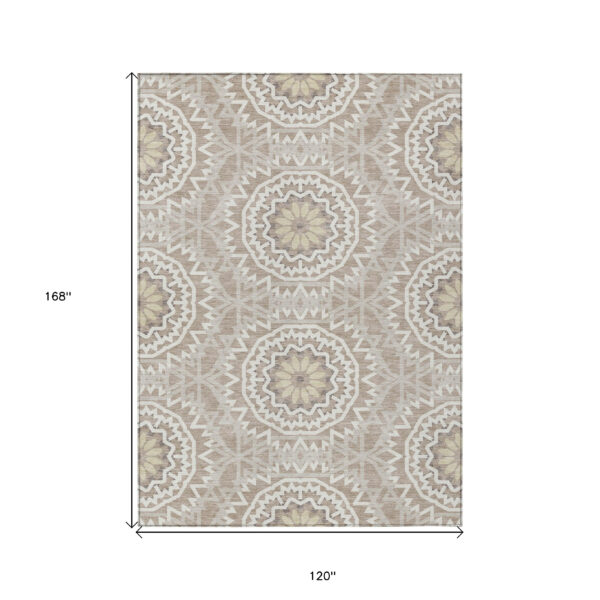 10' X 14' Taupe Khaki And Ivory Floral Medallion Washable Indoor Outdoor Area Rug