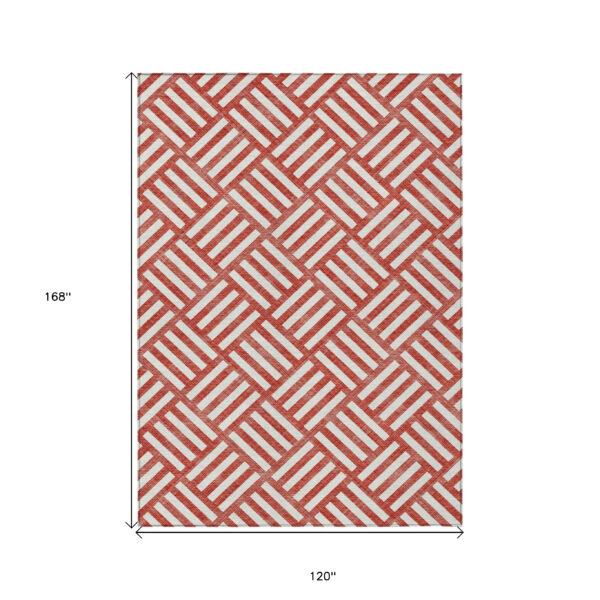10' X 14' Red And Ivory Geometric Washable Indoor Outdoor Area Rug