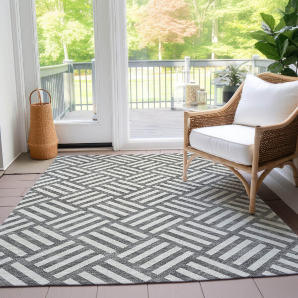 9' X 12' Charcoal And Ivory Geometric Washable Indoor Outdoor Area Rug