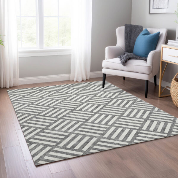 9' X 12' Charcoal And Ivory Geometric Washable Indoor Outdoor Area Rug