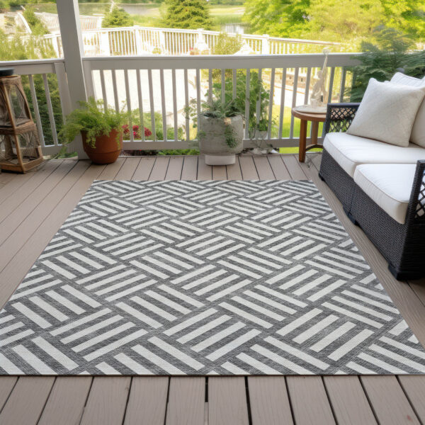 9' X 12' Charcoal And Ivory Geometric Washable Indoor Outdoor Area Rug