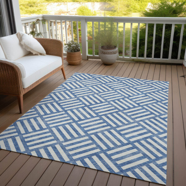 10' X 14' Blue And Ivory Geometric Washable Indoor Outdoor Area Rug