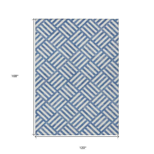 10' X 14' Blue And Ivory Geometric Washable Indoor Outdoor Area Rug