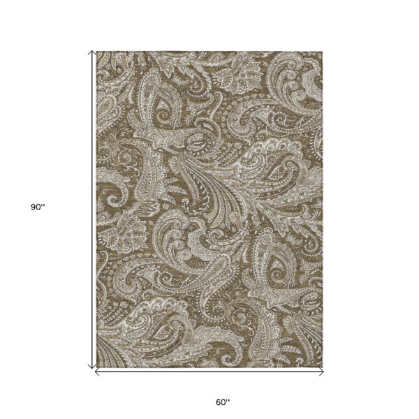 5' X 8' Chocolate Beige And Ivory Paisley Washable Indoor Outdoor Area Rug
