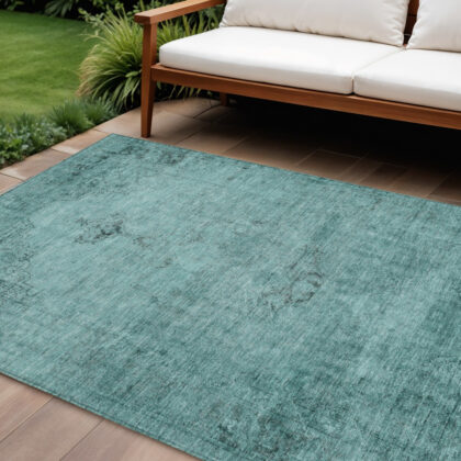 10' X 14' Teal Blue Turquoise And Charcoal Oriental Washable Indoor Outdoor Area Rug
