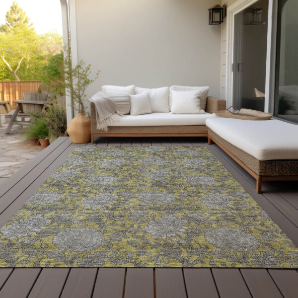 3' X 5' Gold Gray And Charcoal Floral Washable Indoor Outdoor Area Rug