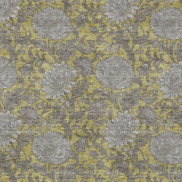 3' X 5' Gold Gray And Charcoal Floral Washable Indoor Outdoor Area Rug