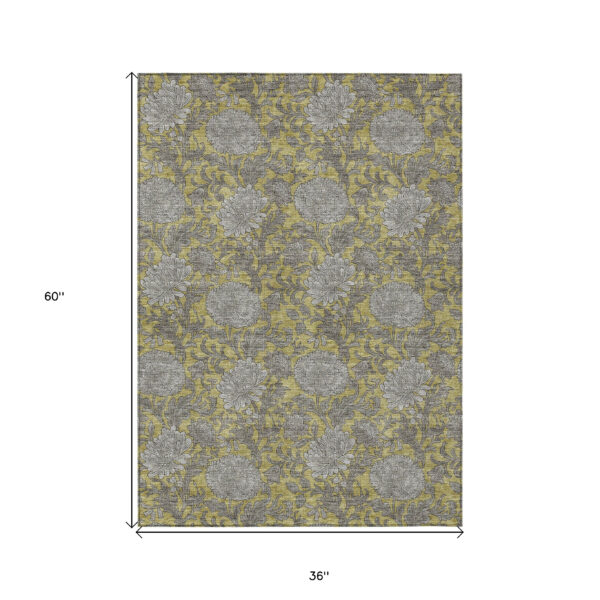 3' X 5' Gold Gray And Charcoal Floral Washable Indoor Outdoor Area Rug