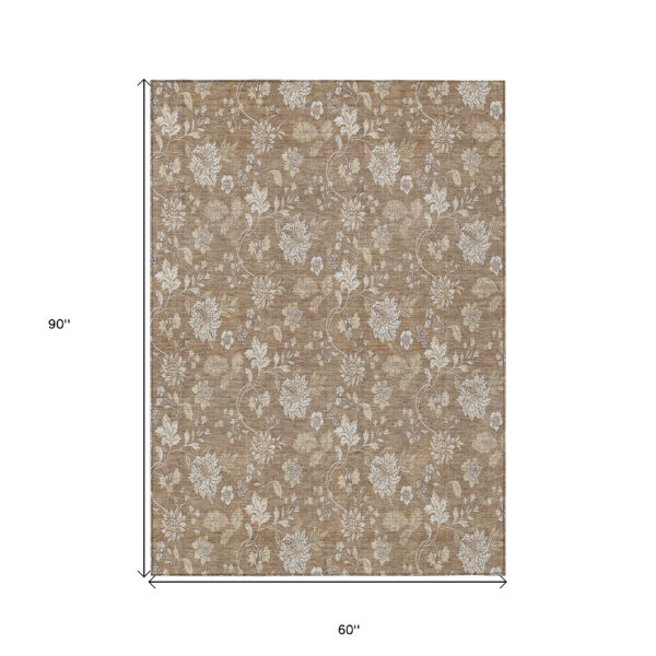 5' X 8' Copper And Beige Floral Washable Indoor Outdoor Area Rug
