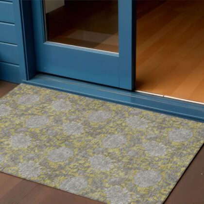 3' X 5' Gold Gray And Charcoal Floral Washable Indoor Outdoor Area Rug