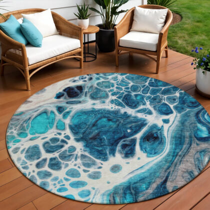 8' Teal Blue And Navy Blue Round Nautical Washable Indoor Outdoor Area Rug
