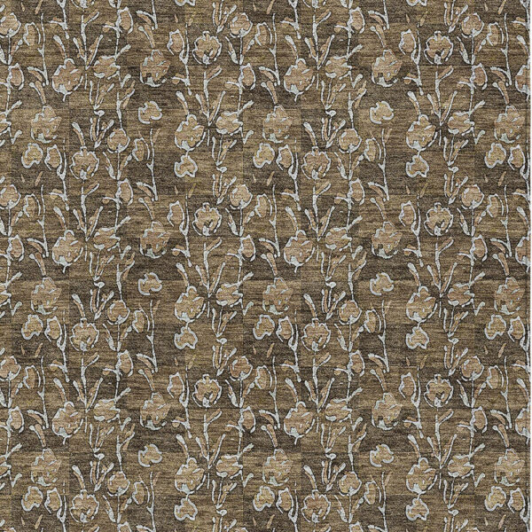9' X 12' Brown And Ivory Floral Washable Indoor Outdoor Area Rug