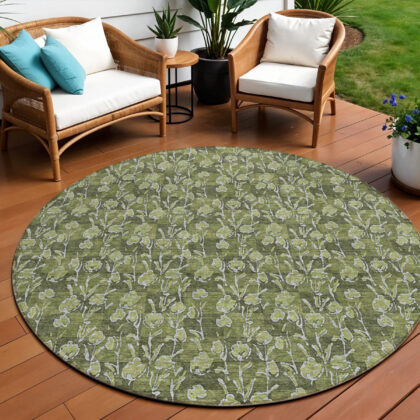 8' Olive Green Artichoke Green And Ivory Round Floral Washable Indoor Outdoor Area Rug