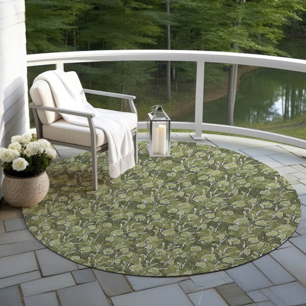 8' Olive Green Artichoke Green And Ivory Round Floral Washable Indoor Outdoor Area Rug