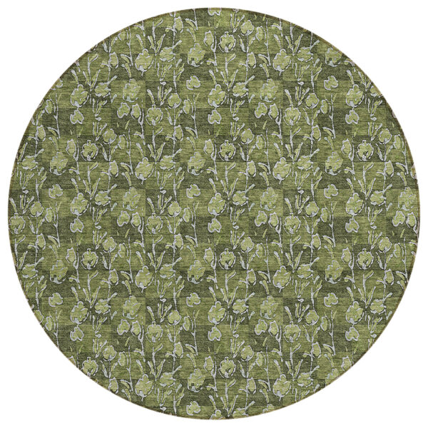 8' Olive Green Artichoke Green And Ivory Round Floral Washable Indoor Outdoor Area Rug
