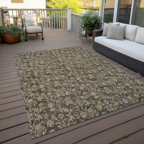 9' X 12' Brown And Ivory Floral Washable Indoor Outdoor Area Rug