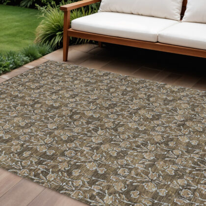 9' X 12' Brown And Ivory Floral Washable Indoor Outdoor Area Rug