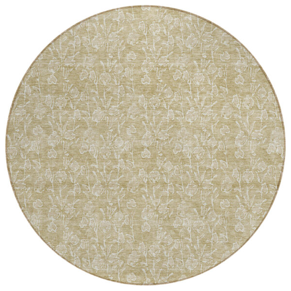 8' Beige And Ivory Round Floral Washable Indoor Outdoor Area Rug