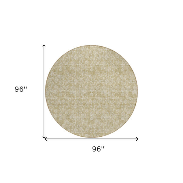 8' Beige And Ivory Round Floral Washable Indoor Outdoor Area Rug