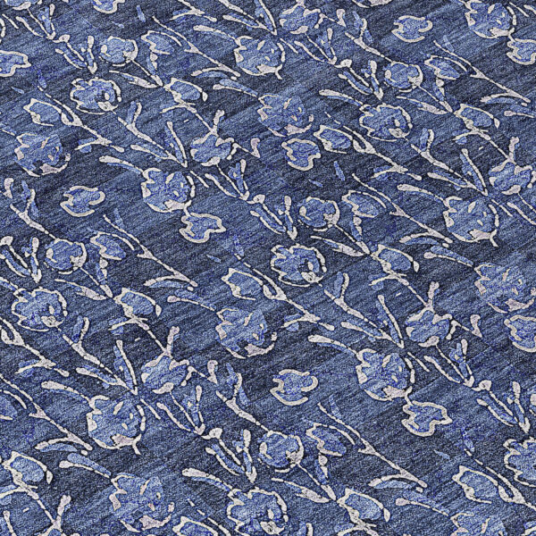 8' Navy Blue Denim Blue And Ivory Round Floral Washable Indoor Outdoor Area Rug