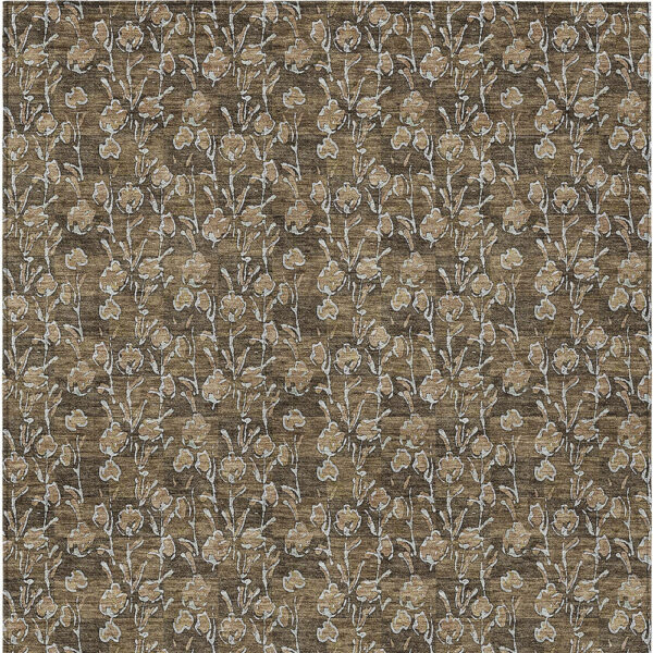 9' X 12' Brown And Ivory Floral Washable Indoor Outdoor Area Rug