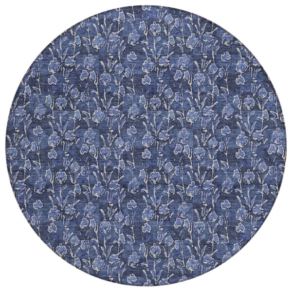 8' Navy Blue Denim Blue And Ivory Round Floral Washable Indoor Outdoor Area Rug