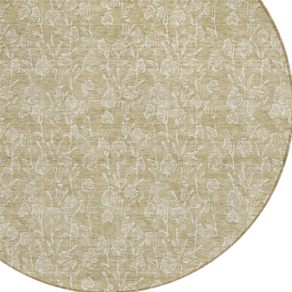 8' Beige And Ivory Round Floral Washable Indoor Outdoor Area Rug