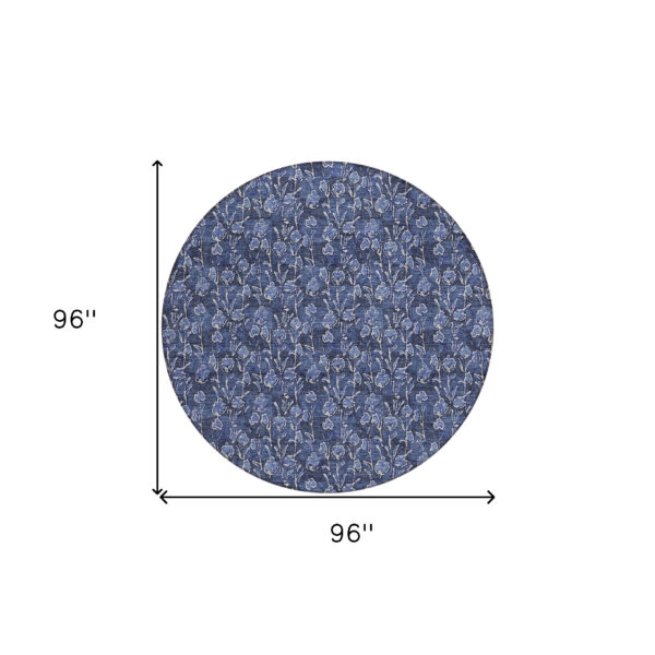 8' Navy Blue Denim Blue And Ivory Round Floral Washable Indoor Outdoor Area Rug
