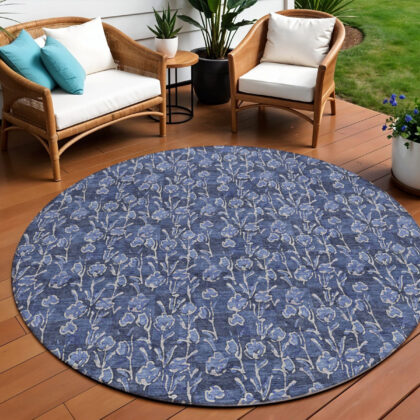 8' Navy Blue Denim Blue And Ivory Round Floral Washable Indoor Outdoor Area Rug