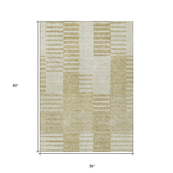 3' X 5' Beige And Ivory Striped Washable Indoor Outdoor Area Rug