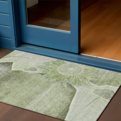 3' X 5' Artichoke Green And Gray Floral Washable Indoor Outdoor Area Rug