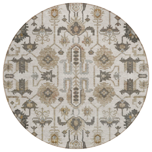 8' Ivory Beige And Taupe Round Oriental Washable Indoor Outdoor Area Rug
